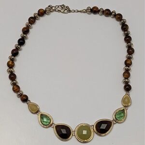 Tiger Eye Beaded Necklace Gold Tone Multicolor Gemstone Drops Boho Vtg Jewelry